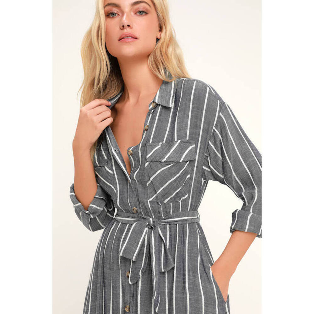 Lulus Slauson Dark Blue Striped Long Sleeve Shirt Dress - Size S